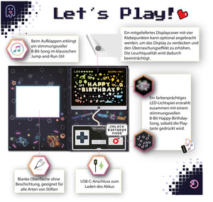 Gaming-Musikkarte, Bildschirm mit LED-Lichtspiel, 8-Bit Musik, Controller mit Playtaste, wiederaufladbarer Akku