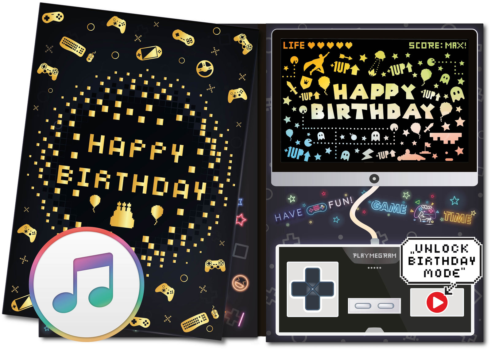 Gaming-Musikkarte, Bildschirm mit LED-Lichtspiel, 8-Bit Musik, Controller mit Playtaste, wiederaufladbarer Akku