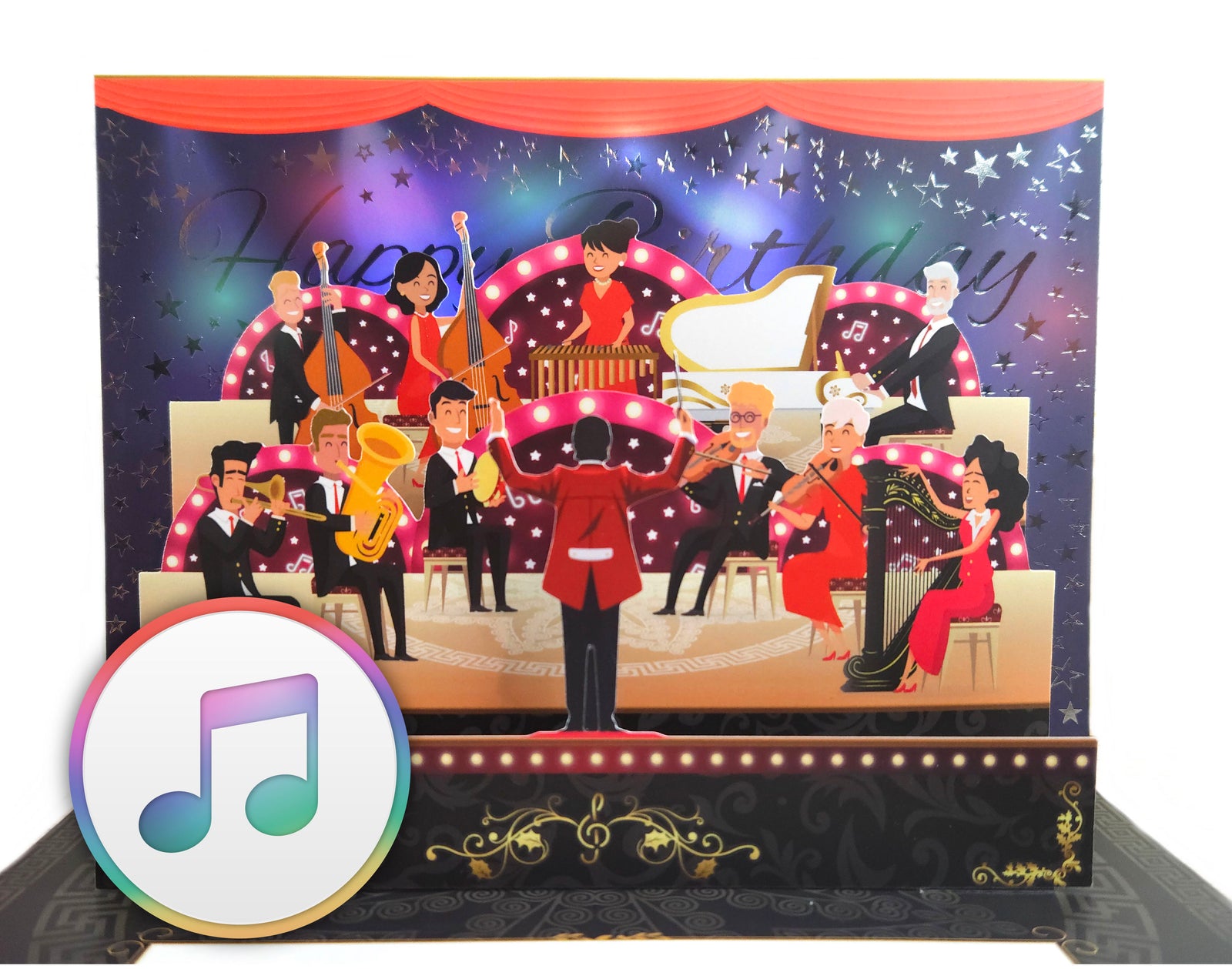 3D Pop-up Geburtstagskarte mit Musik & Licht – Orchester-Version Happy Birthday