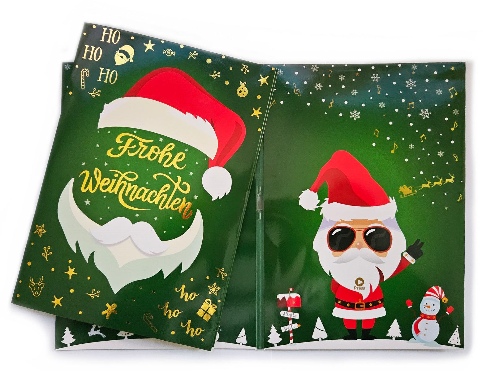Weihnachtskarte mit Musik, Stimmungsvolle Jingle Bells' Rock-Version beim Öffnen, 3 Santa-Soundeffekte, Eleganter Goldprint